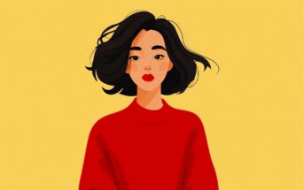 An illustration of a woman with short black hair wearing a red sweater, set against a solid yellow background. She has a neutral expression and rosy cheeks.