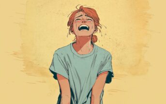 An illustrated young woman with red hair in a ponytail, wearing a loose blue t-shirt, stands against a textured yellow background, eyes closed and mouth open wide as if laughing or crying passionately.