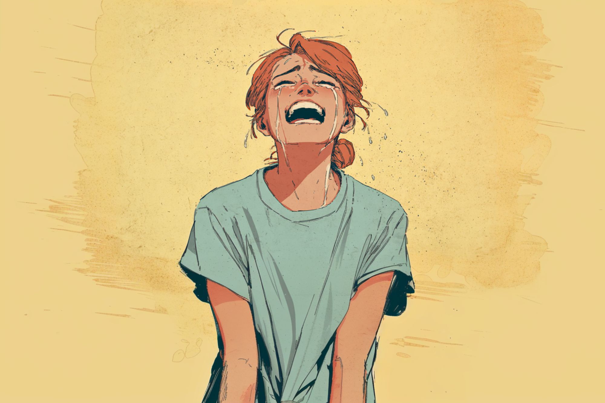 An illustrated young woman with red hair in a ponytail, wearing a loose blue t-shirt, stands against a textured yellow background, eyes closed and mouth open wide as if laughing or crying passionately.