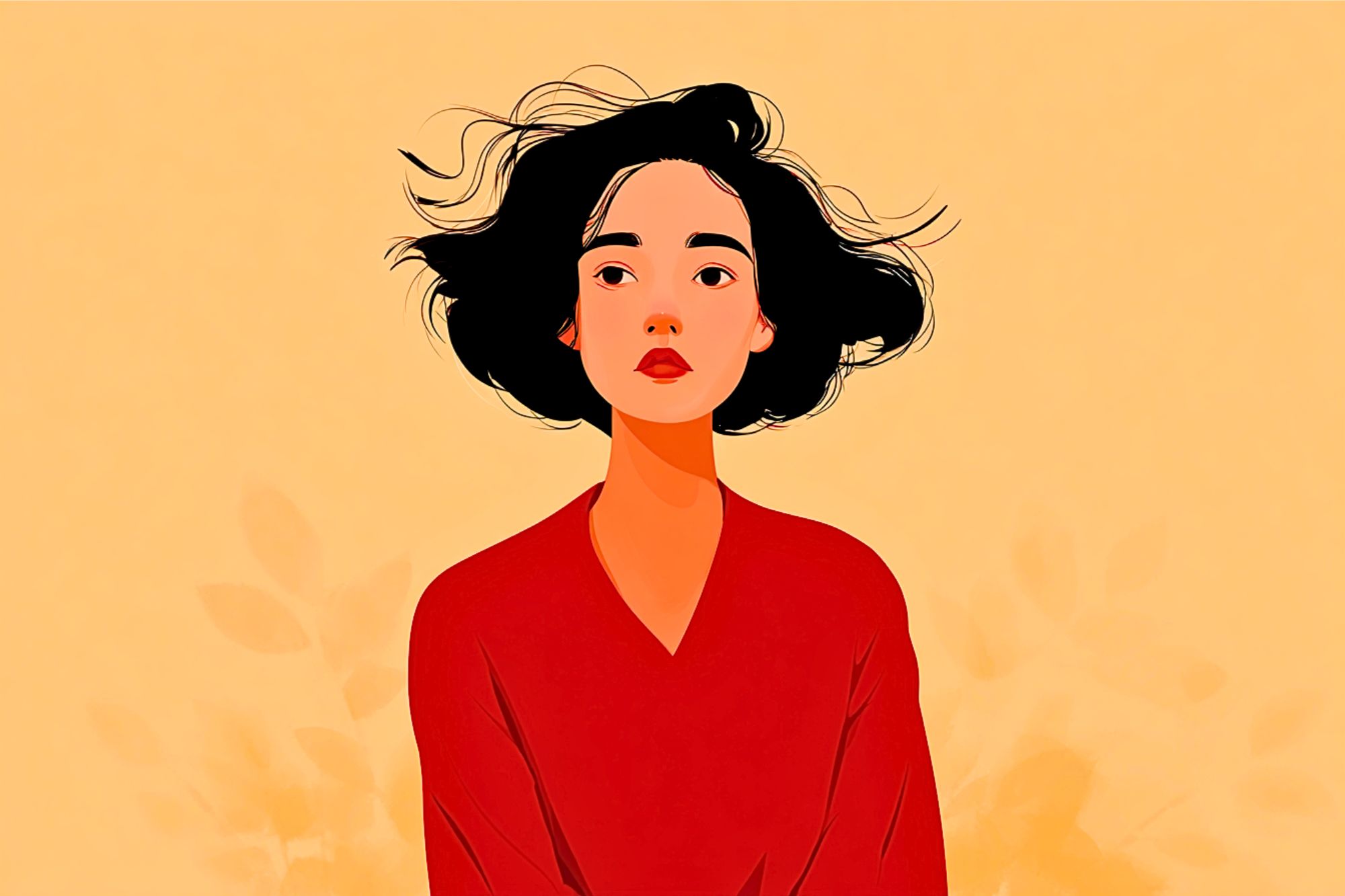 Illustration of a woman with short, wavy black hair wearing a red top, looking slightly upward with a neutral expression, set against a light yellow background with subtle leaf patterns.