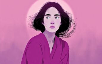 Digital illustration of a woman with dark hair wearing a magenta robe, set against a pink background with the sun or moon behind her. She looks slightly to the side with a thoughtful expression.