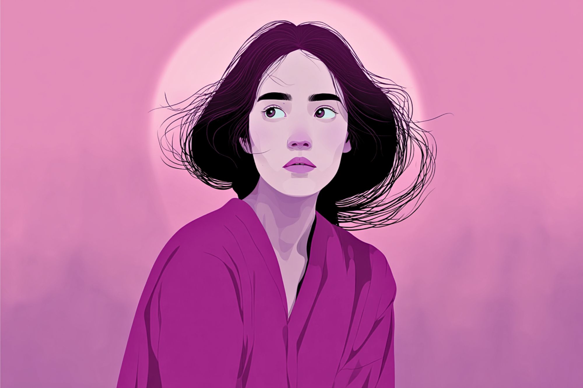 Digital illustration of a woman with dark hair wearing a magenta robe, set against a pink background with the sun or moon behind her. She looks slightly to the side with a thoughtful expression.