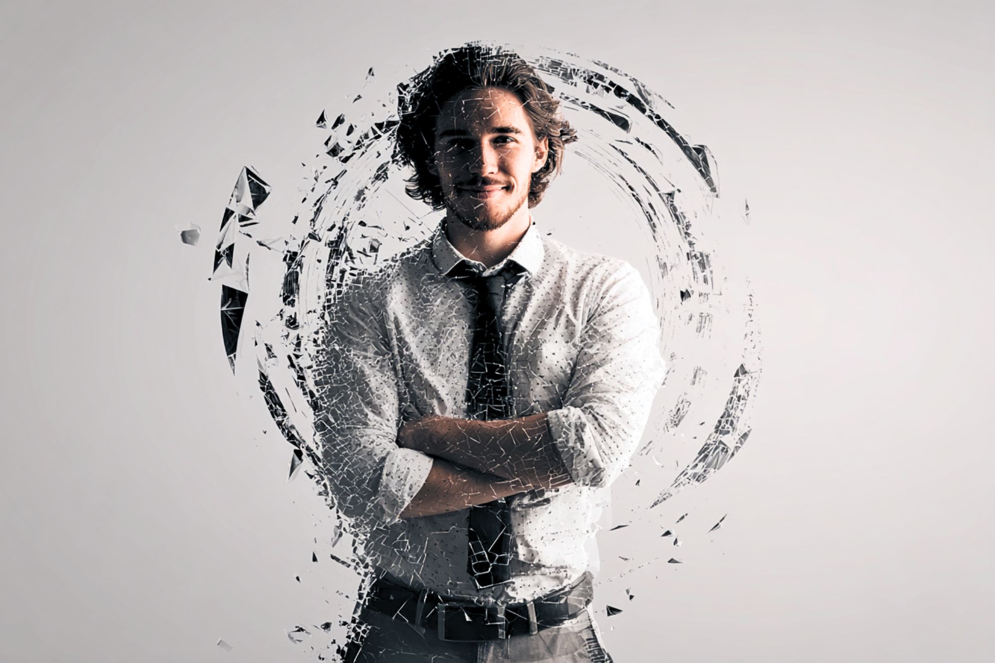 A man in a shirt and tie stands with arms crossed, smiling confidently. The surrounding area and parts of his body appear to dissolve into shards, creating a dynamic, shattered glass effect around him.
