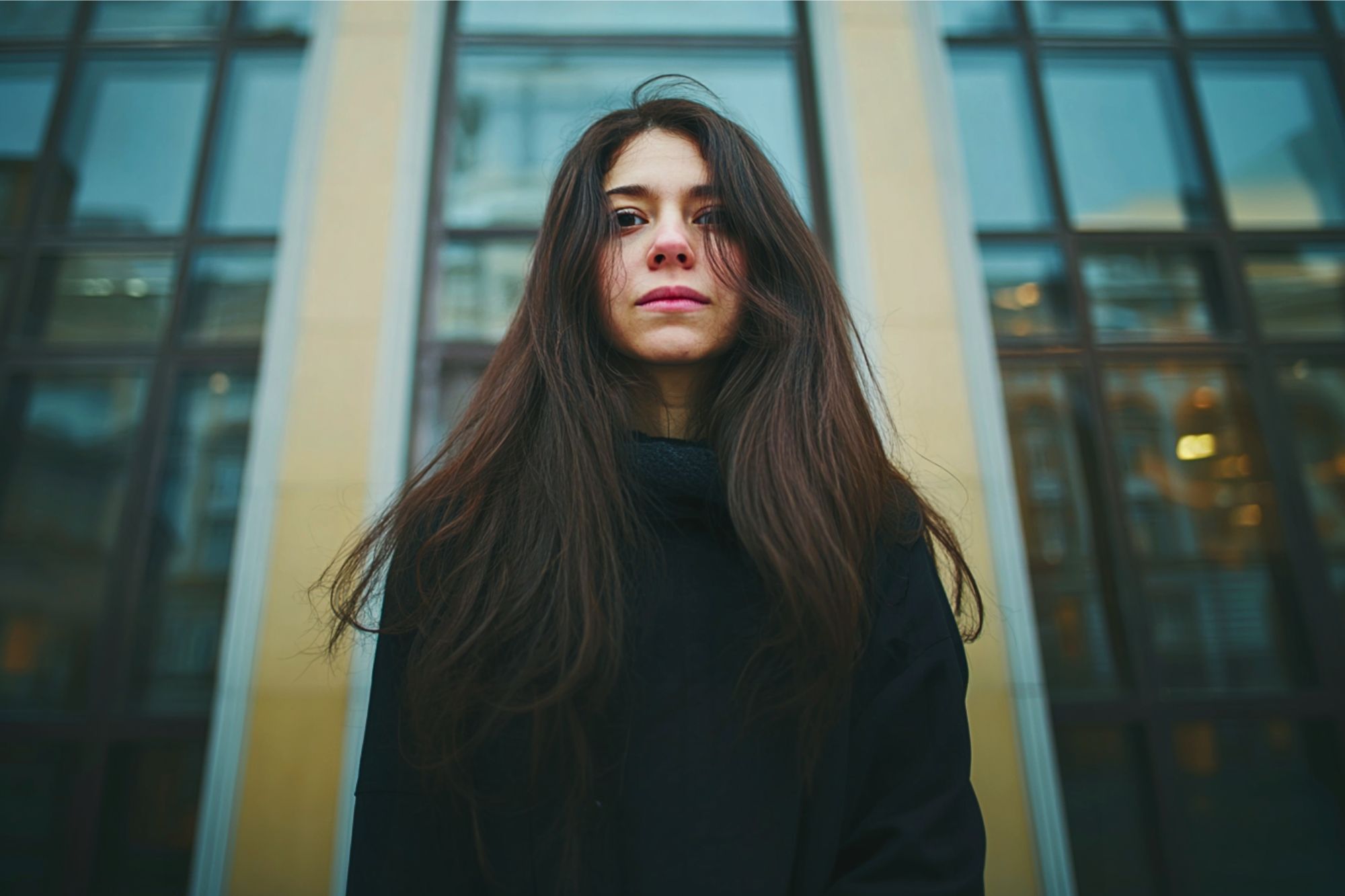 A young woman with long brown hair and a neutral expression stands in front of a building with large glass windows, wearing a dark coat. The background shows reflections of other structures.