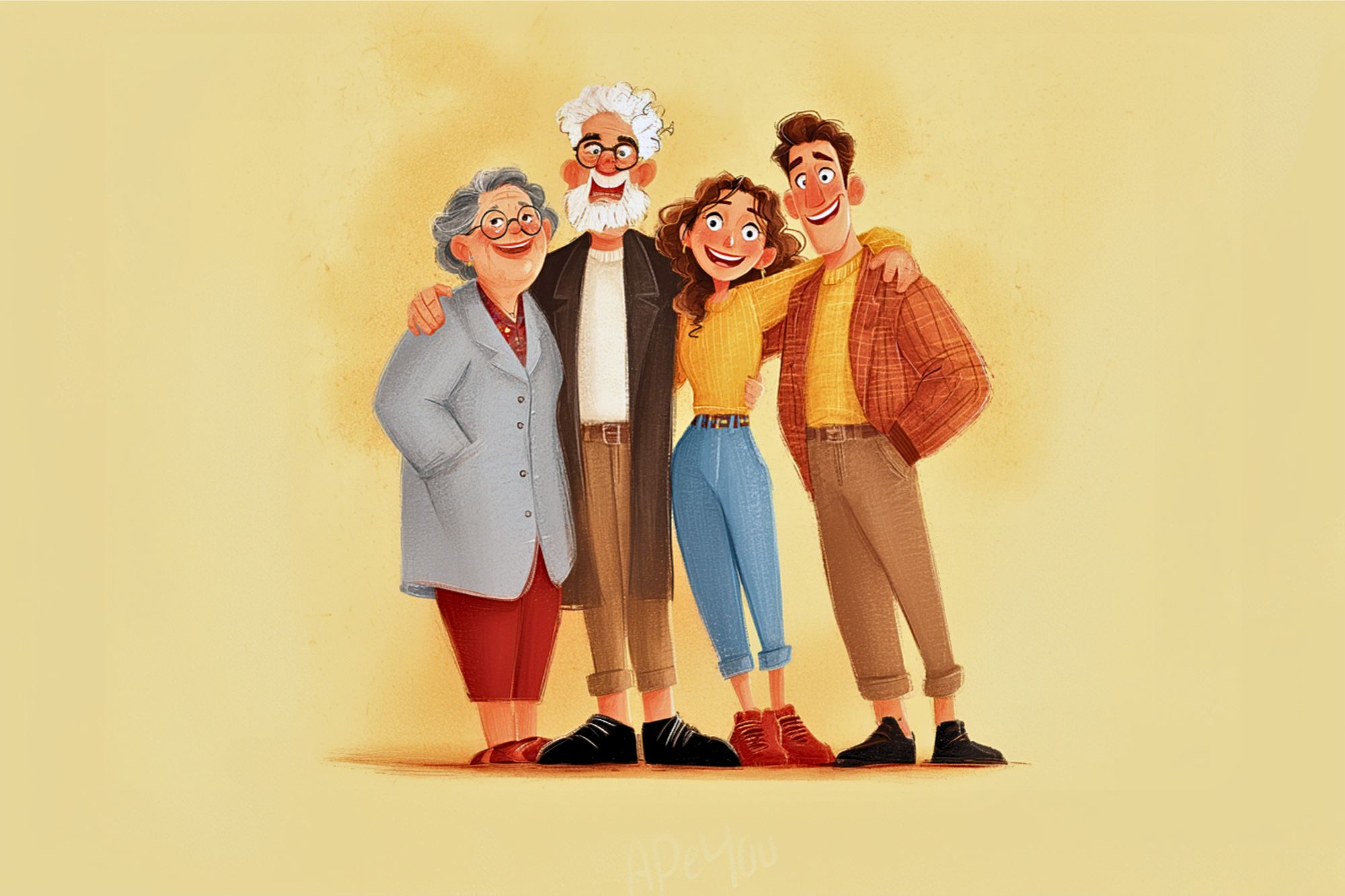 Illustration of four smiling people standing together. An older woman in glasses and a coat, an older man with white hair and beard, and a younger woman and man with casual clothes, all with arms around each other against a beige background.