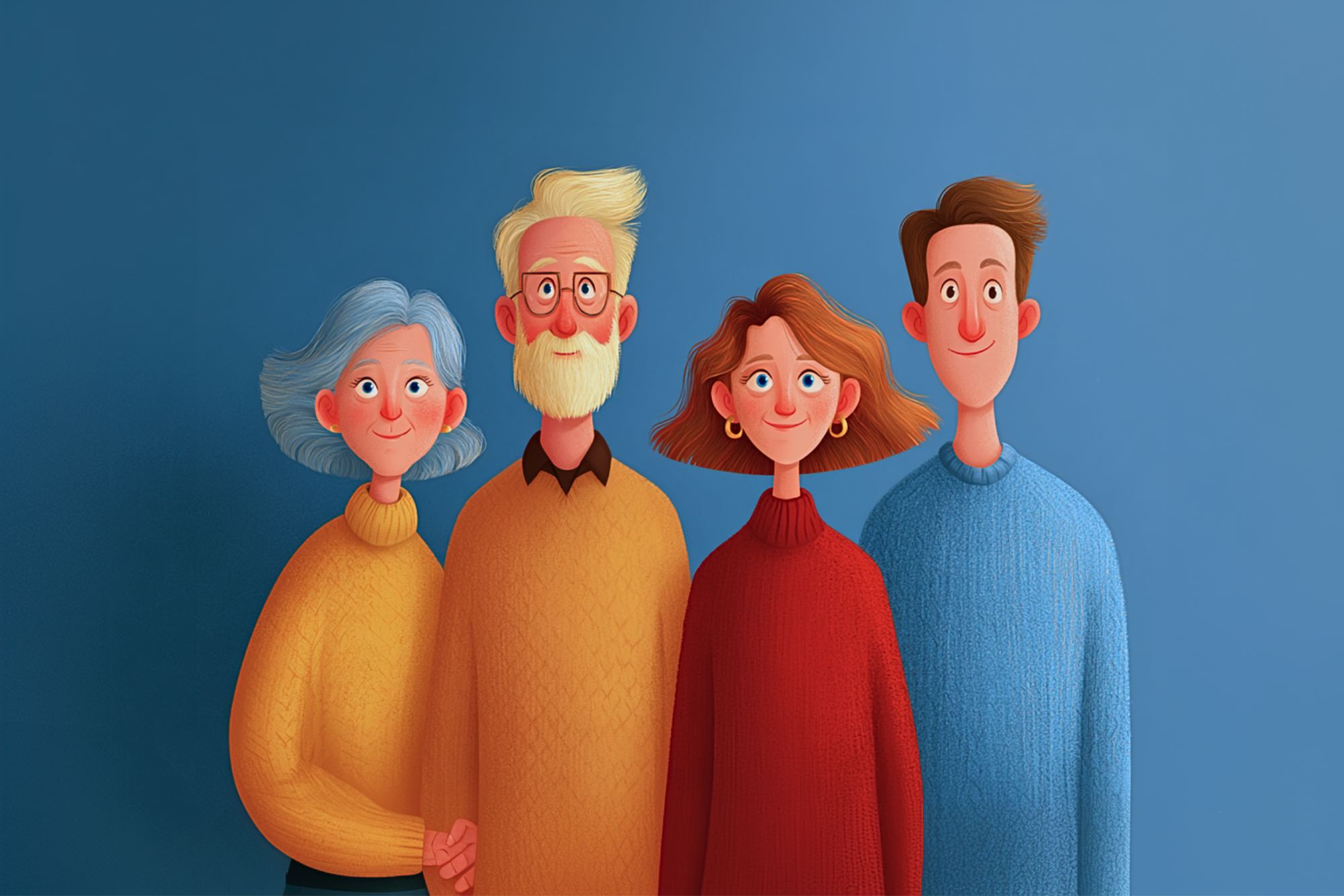 A digital illustration of four smiling people standing together against a blue background, wearing colorful sweaters—two older adults on the left and two younger adults on the right.