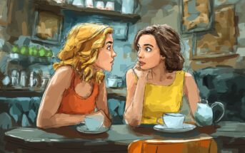 An illustration of two women sitting at a café table, facing each other and talking intently. They both have cups and a teapot in front of them, with shelves of dishes in the background.