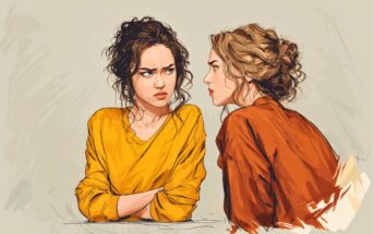 Two women with curly hair face each other; one in yellow has her arms crossed and looks upset, while the other in orange leans in and speaks to her. The background is plain and sketchy, emphasizing their emotions.