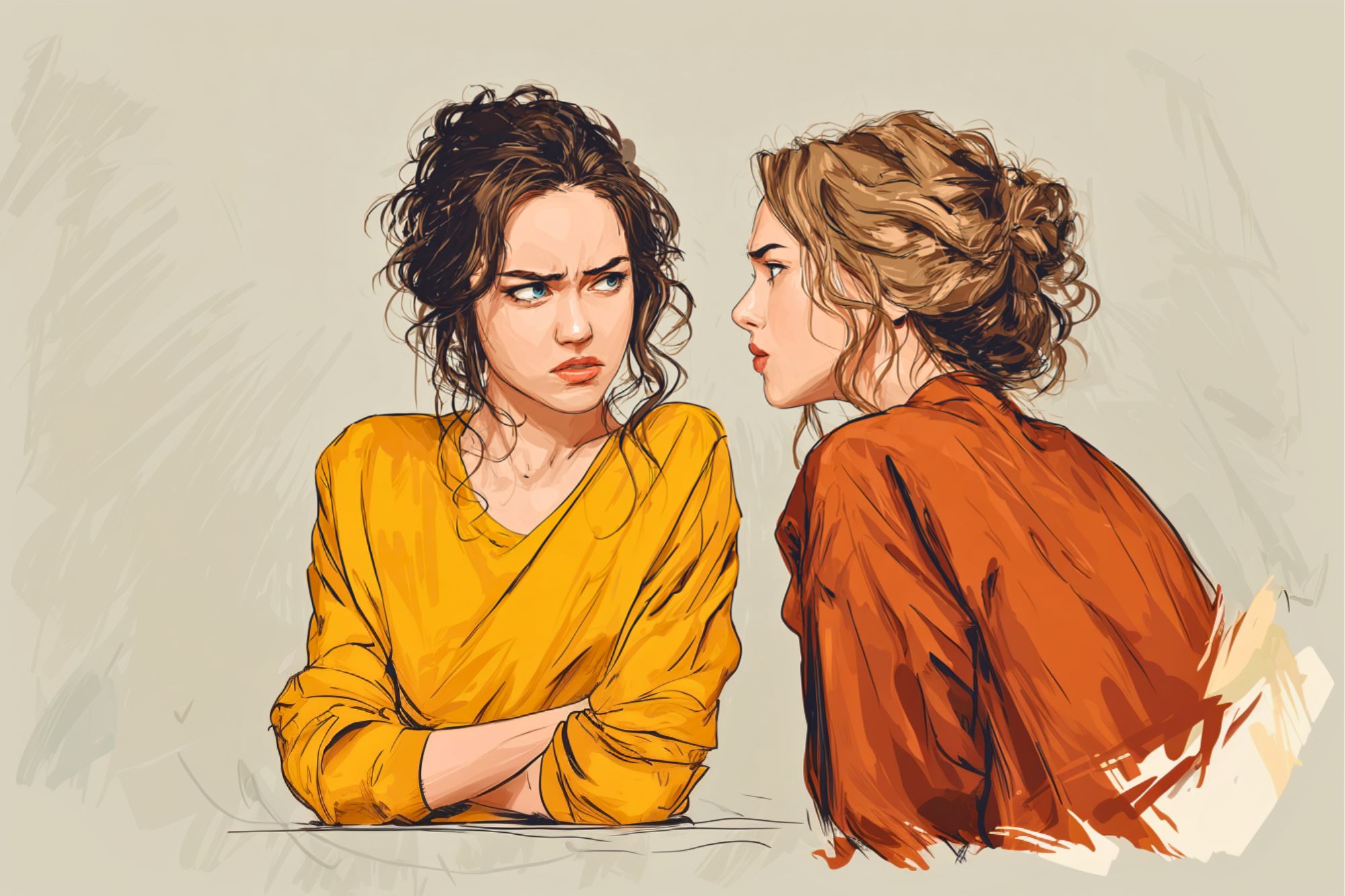 Two women with curly hair face each other; one in yellow has her arms crossed and looks upset, while the other in orange leans in and speaks to her. The background is plain and sketchy, emphasizing their emotions.