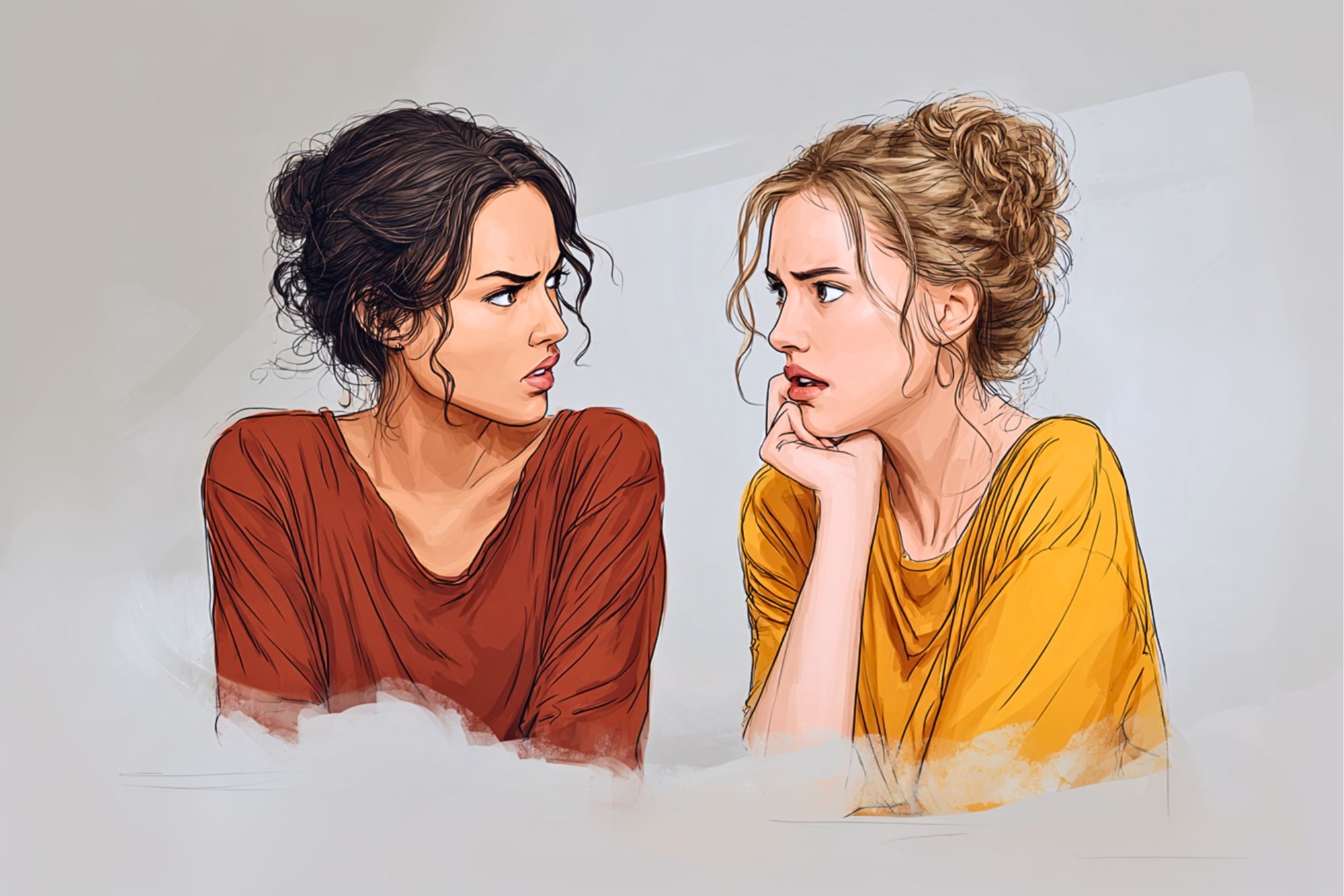 Two women sit side by side, facing each other with concerned and confused expressions. One wears a brown shirt, the other a yellow shirt. Both have curly hair styled in loose buns. The background is light and minimal.