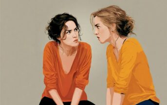 Two women with wavy hair, both wearing orange tops, sit facing each other and appear to be having an intense conversation against a plain background.