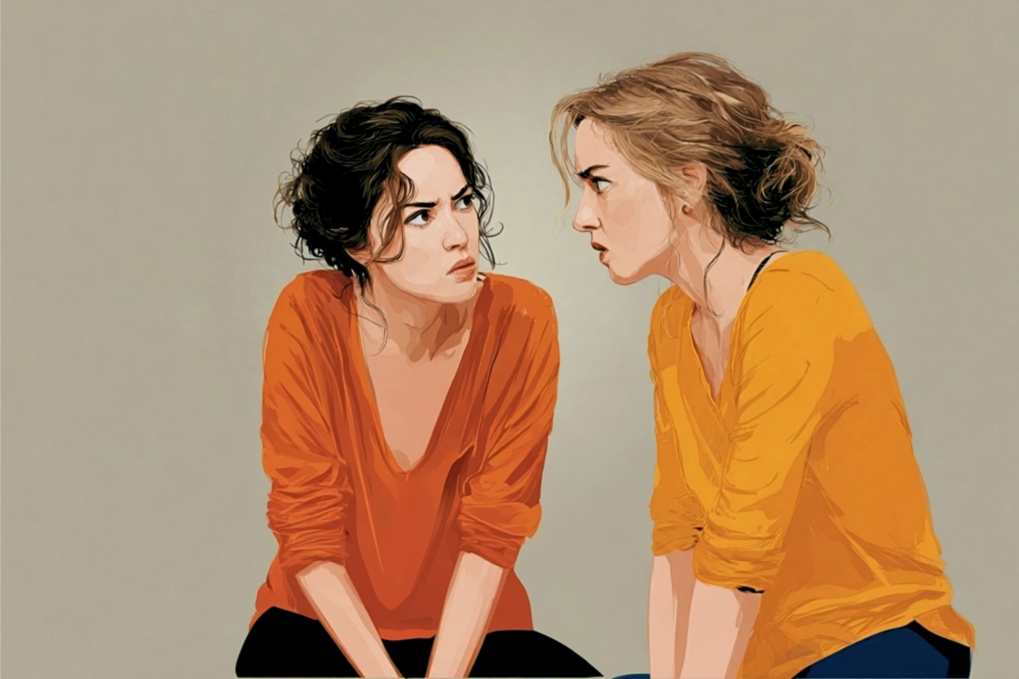 Two women with wavy hair, both wearing orange tops, sit facing each other and appear to be having an intense conversation against a plain background.