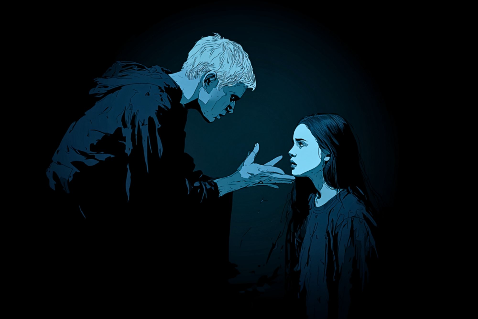 A stylized, blue-toned digital illustration shows a man leaning forward, hand raised, speaking intensely to a young girl who looks up at him with a calm expression. Both figures are set against a dark background.