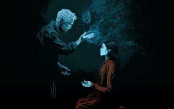A man with an outstretched hand releases swirling blue smoke toward a seated woman, whose head is enveloped in the mist. The scene is dark and surreal, with both figures illuminated in cool blue tones.