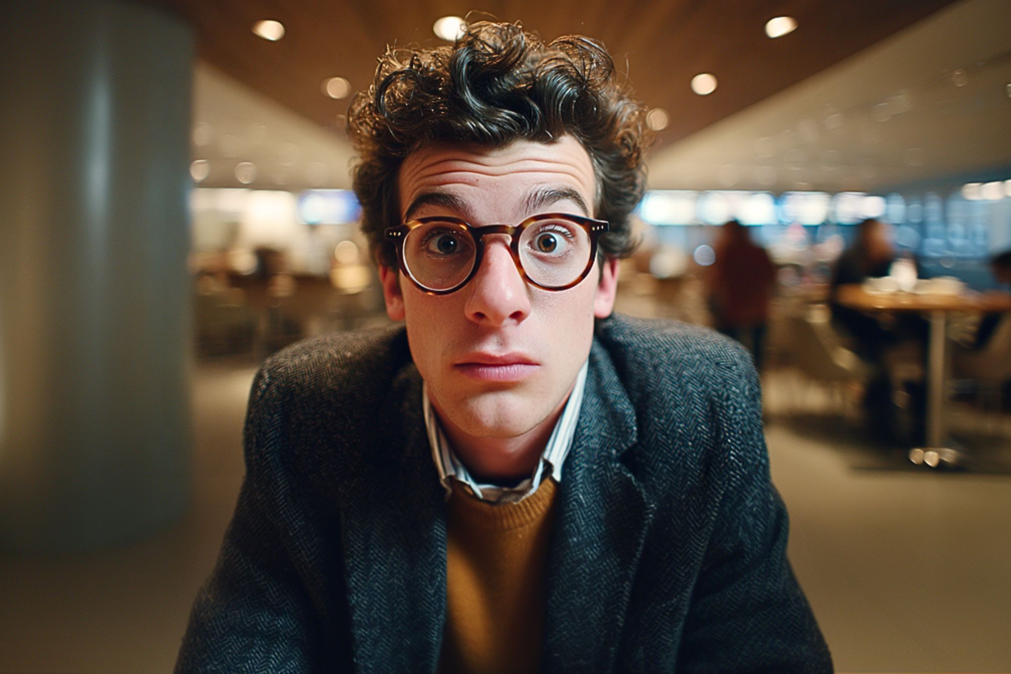 A young man with curly hair and round glasses, wearing a tweed jacket and sweater, sits indoors at a table, looking surprised. The background is softly blurred with people and warm lighting.