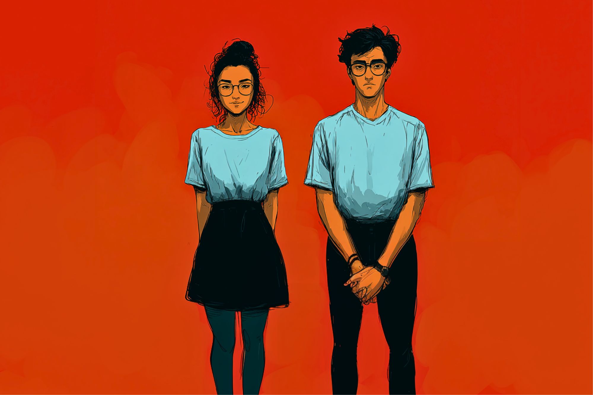 A digital illustration of a woman and a man standing side by side against a bright red background, both wearing glasses, light blue shirts, and dark bottoms. They face forward with neutral expressions.