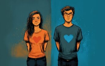 Illustration of a young woman with long dark hair and a red heart on her orange shirt, and a young man with glasses and a blue heart on his dark shirt, standing apart against a two-toned background.