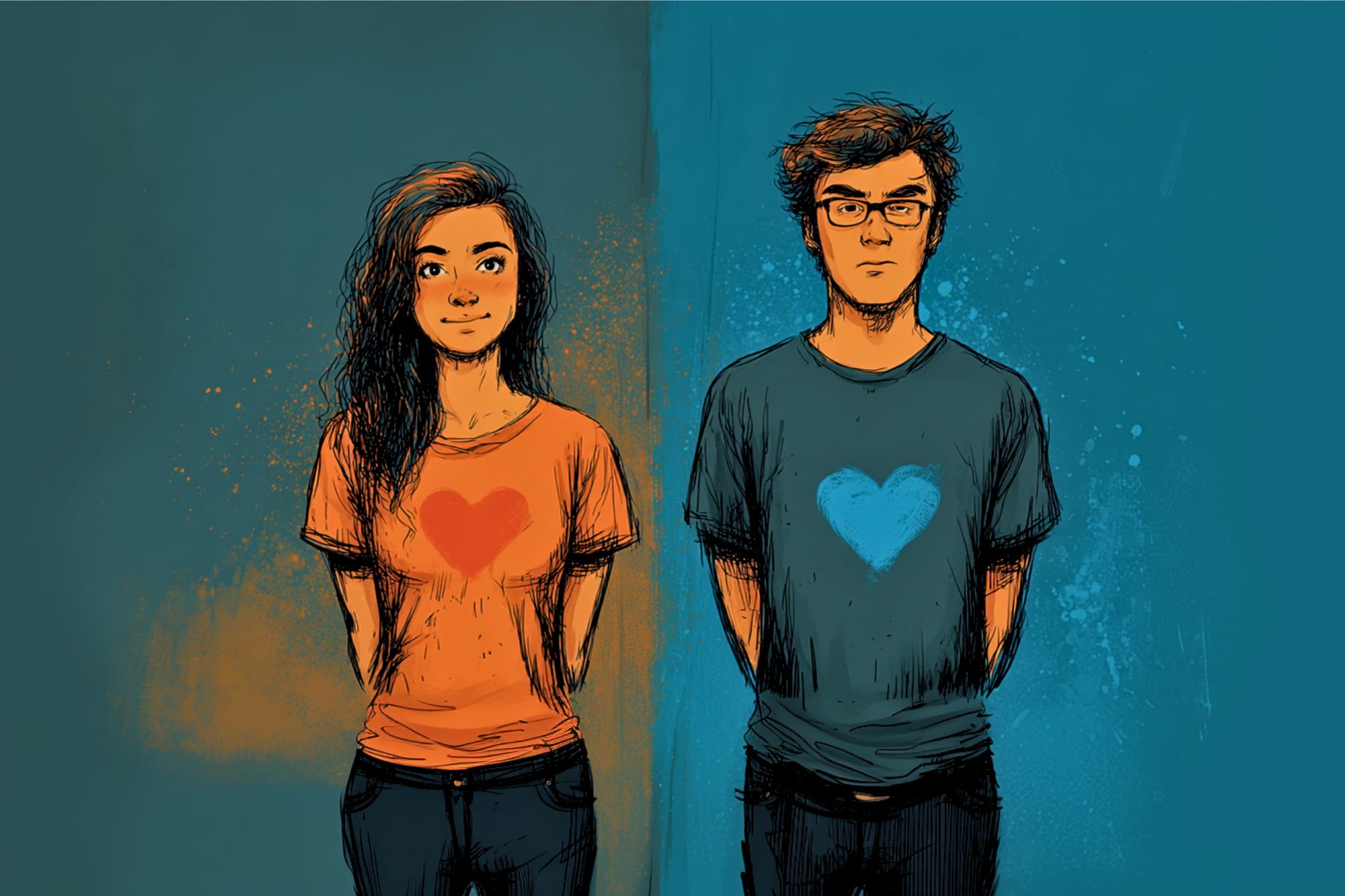 Illustration of a young woman with long dark hair and a red heart on her orange shirt, and a young man with glasses and a blue heart on his dark shirt, standing apart against a two-toned background.