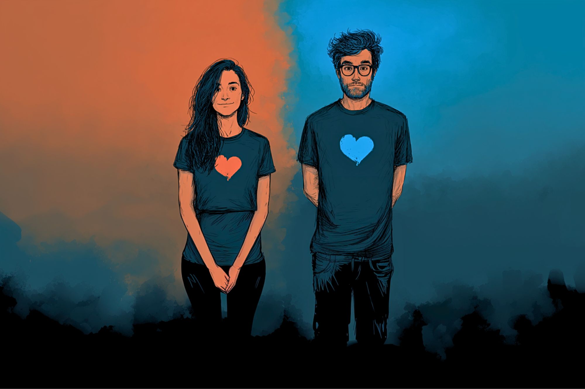 A woman and man stand side by side against a split orange and blue background. Each wears a shirt with a heart graphic that matches the opposite side’s color—orange on hers, blue on his. Both have neutral expressions.
