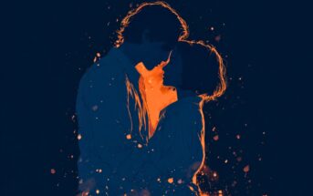 A man and woman stand close, foreheads touching, surrounded by glowing orange and gold sparks against a dark blue background, creating a warm and intimate atmosphere.