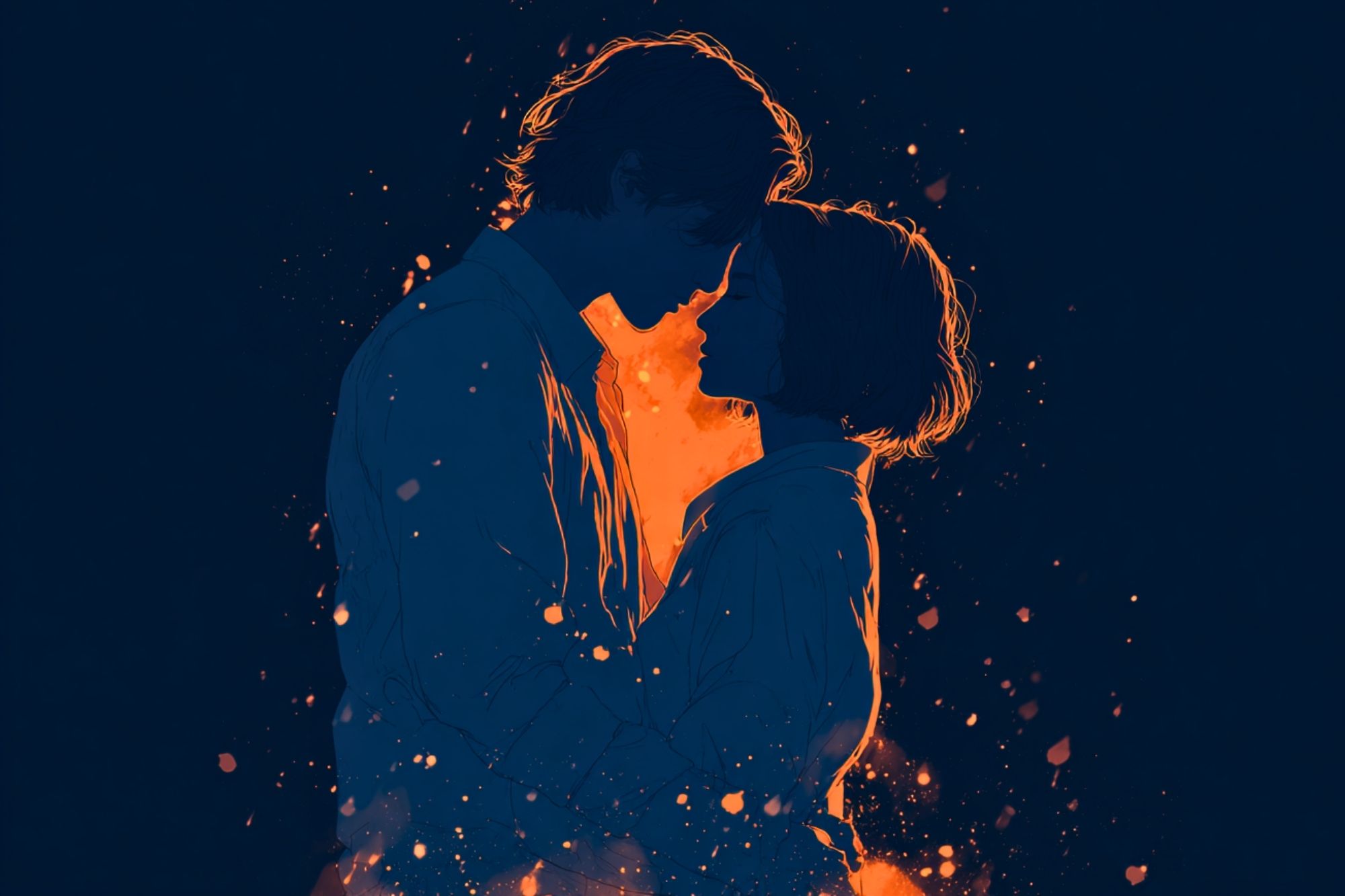 A man and woman stand close, foreheads touching, surrounded by glowing orange and gold sparks against a dark blue background, creating a warm and intimate atmosphere.