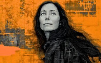A woman with long dark hair looks upward against an abstract orange and textured background, her expression calm and contemplative.