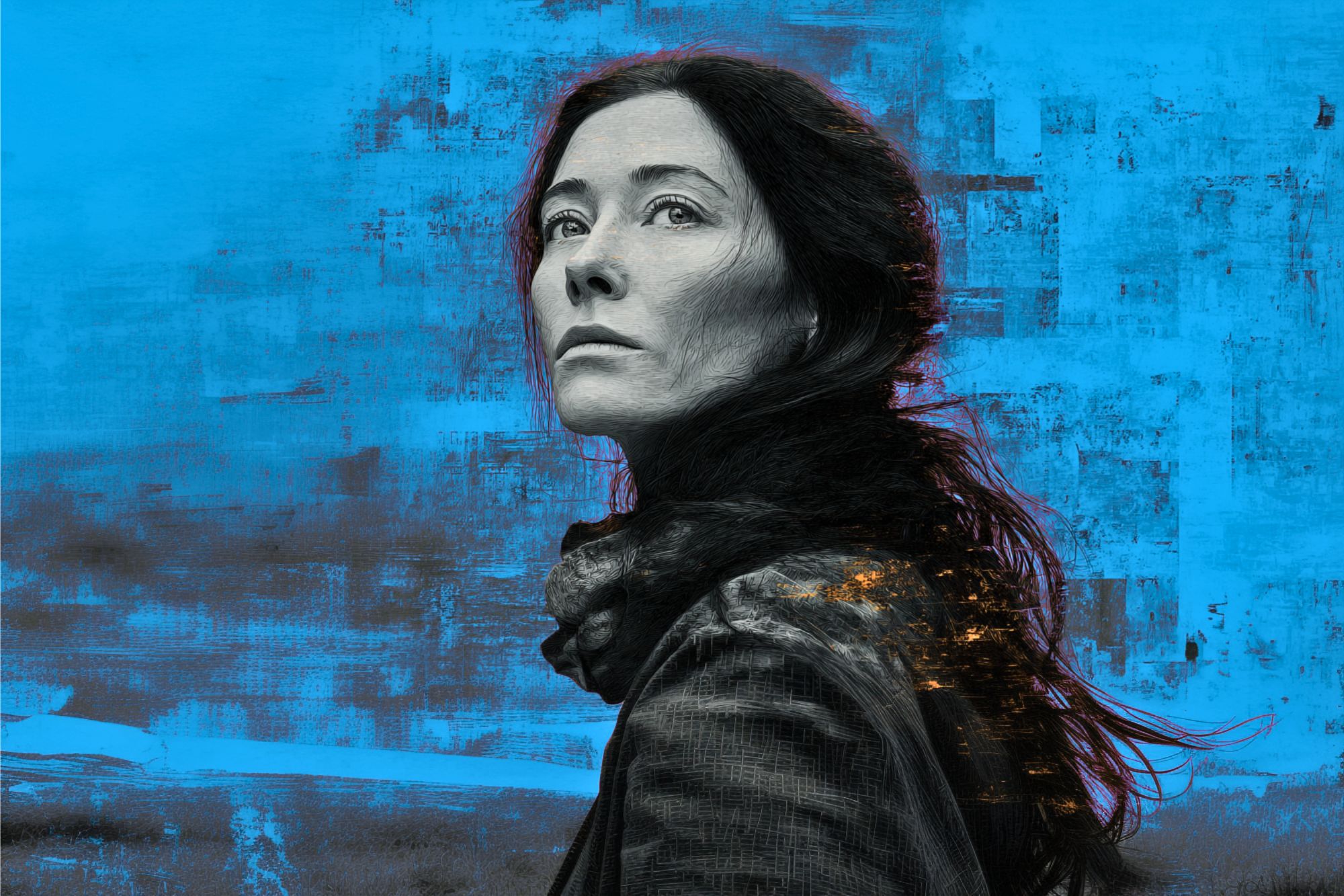 A woman with long dark hair and a serious expression looks up against a textured blue and gray background, her face partially illuminated by warm light. She wears a dark scarf and coat.