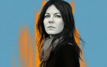 A woman with long dark hair and a scarf looks slightly to the side. The background is blue with orange brush strokes behind her. The image has a hand-drawn, artistic style.