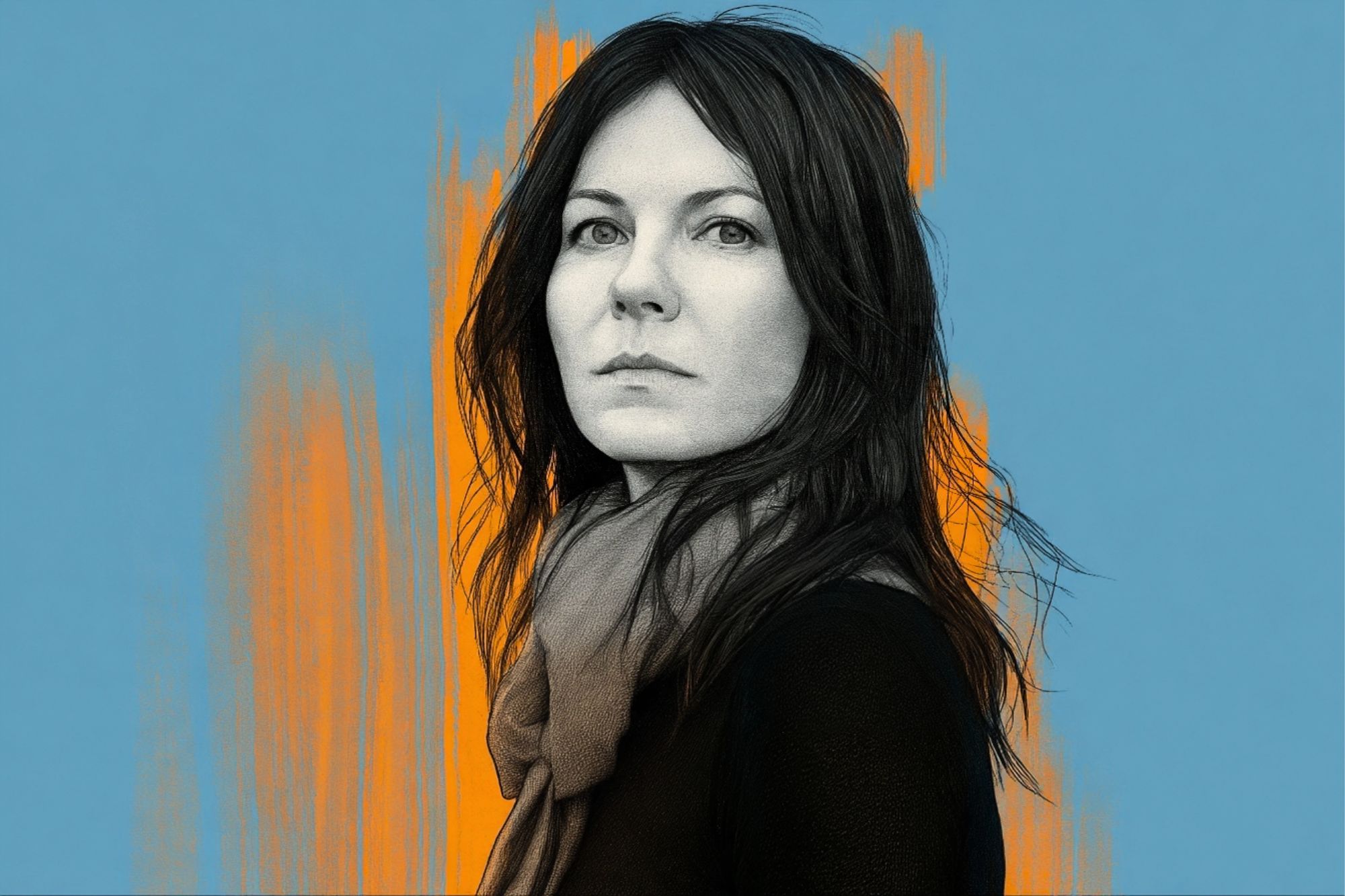 A woman with long dark hair and a scarf looks slightly to the side. The background is blue with orange brush strokes behind her. The image has a hand-drawn, artistic style.