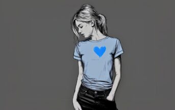 A digital illustration of a woman with light hair in a ponytail, wearing a light blue T-shirt with a large blue heart on it and black pants, stands with one hand in her pocket against a plain gray background.