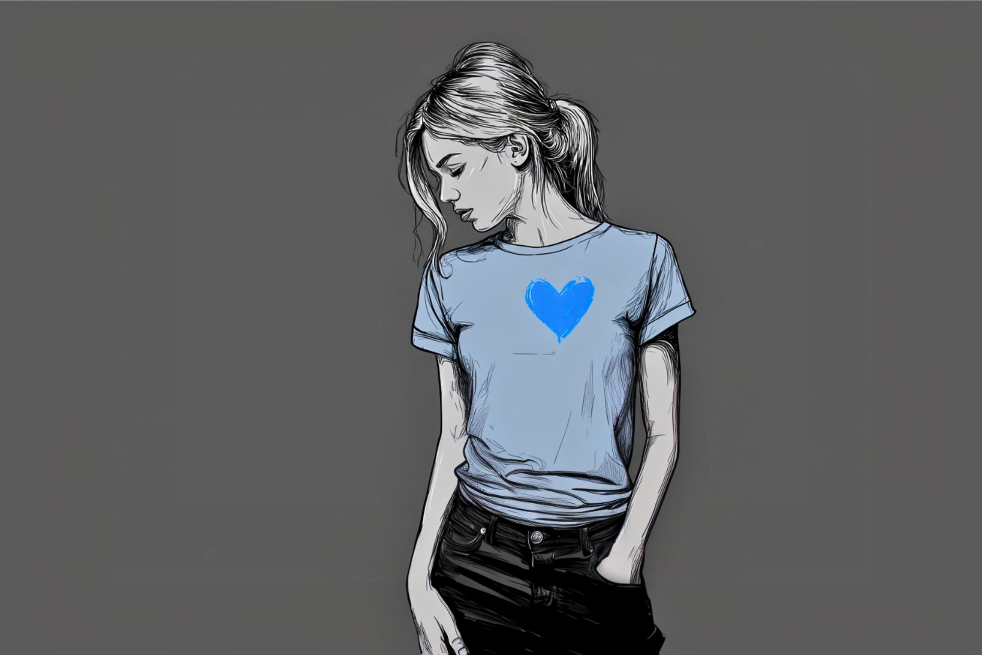 A digital illustration of a woman with light hair in a ponytail, wearing a light blue T-shirt with a large blue heart on it and black pants, stands with one hand in her pocket against a plain gray background.