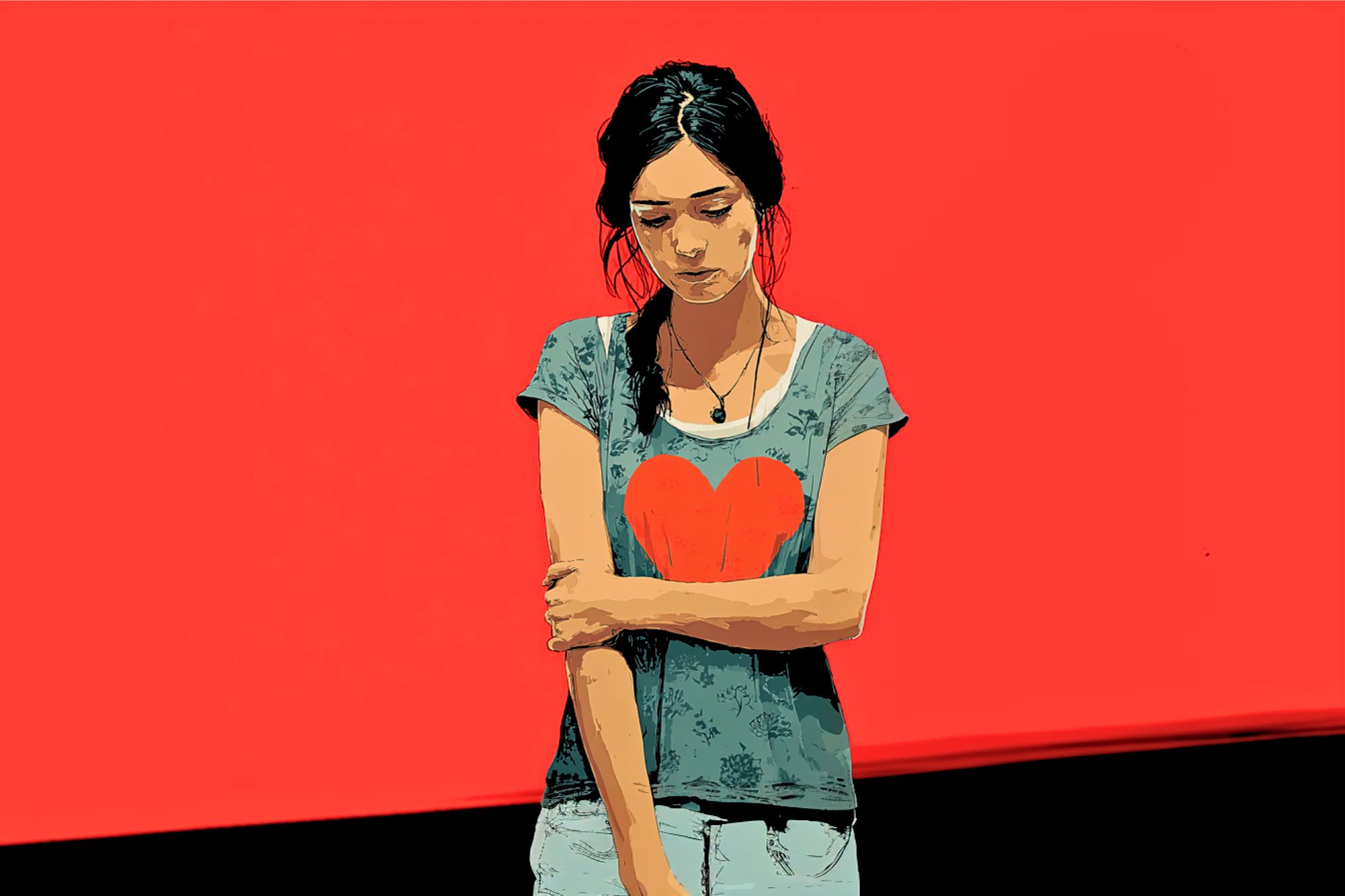 Illustration of a young woman with dark hair, looking down sadly, standing against a bright red background. She wears a blue t-shirt with a large red heart on it and holds her opposite arm in a gesture of discomfort or shyness.
