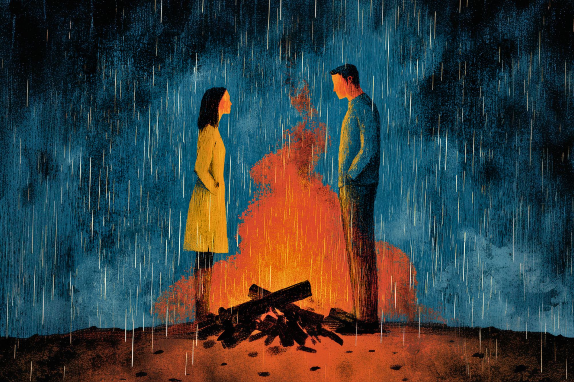 A man and woman stand facing each other in the rain, separated by a glowing campfire. The scene is dark and moody, with blue tones and falling rain contrasting the warm, orange fire between them.