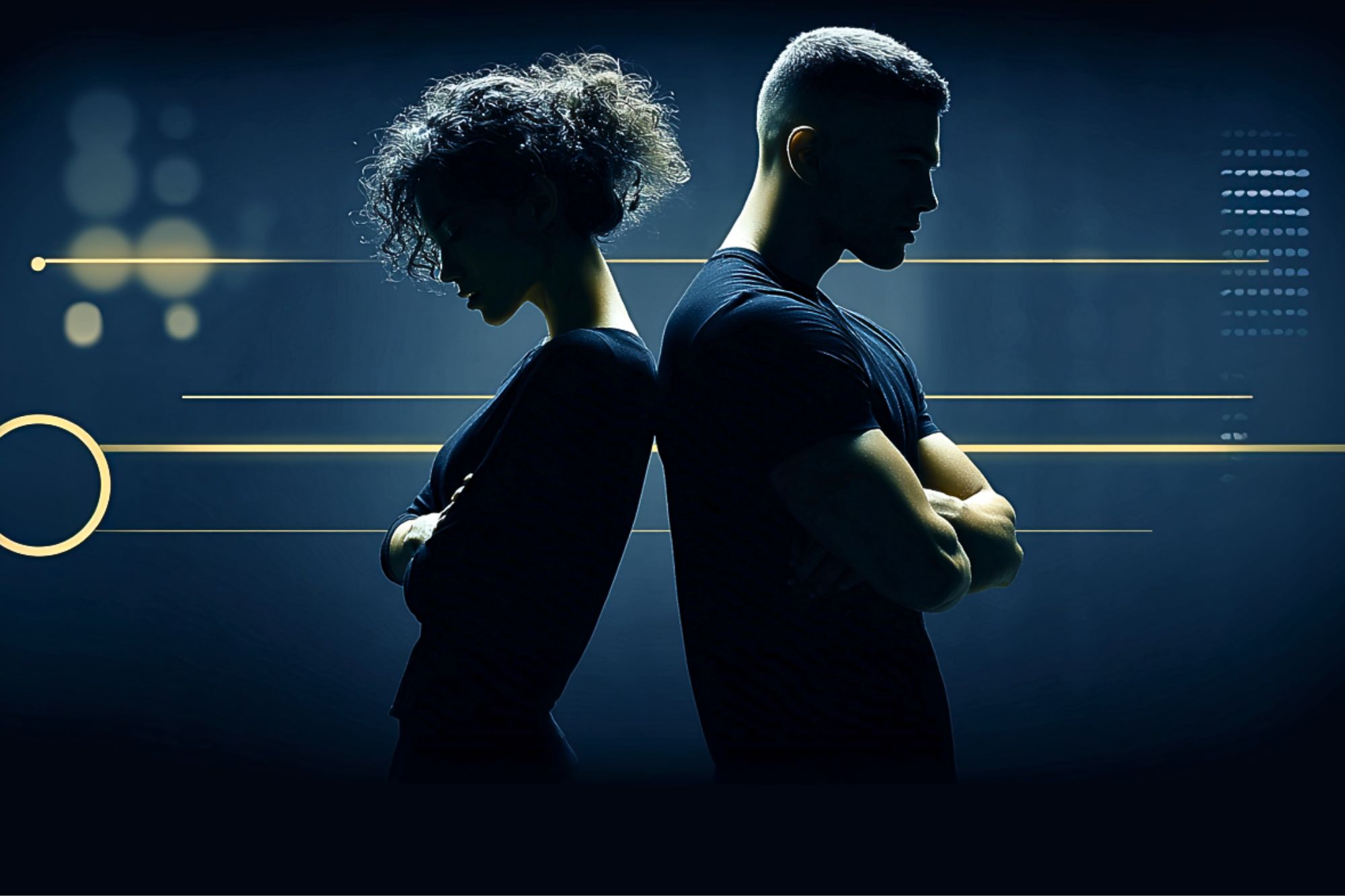 A man and a woman stand back-to-back with arms crossed against a dark background, illuminated by blue and gold light streaks. Both appear serious, creating a dramatic, tense atmosphere.