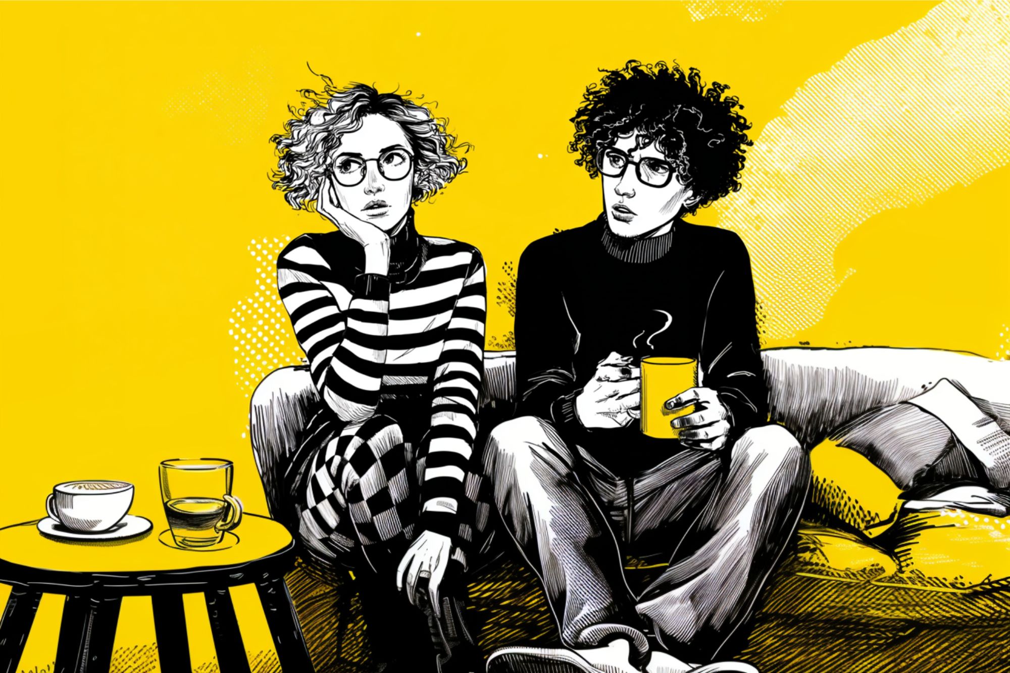 A black-and-white illustration of two people with curly hair and glasses sitting on a couch against a bright yellow background. One holds a mug, the other rests their chin on their hand. A small table with cups is in front of them.