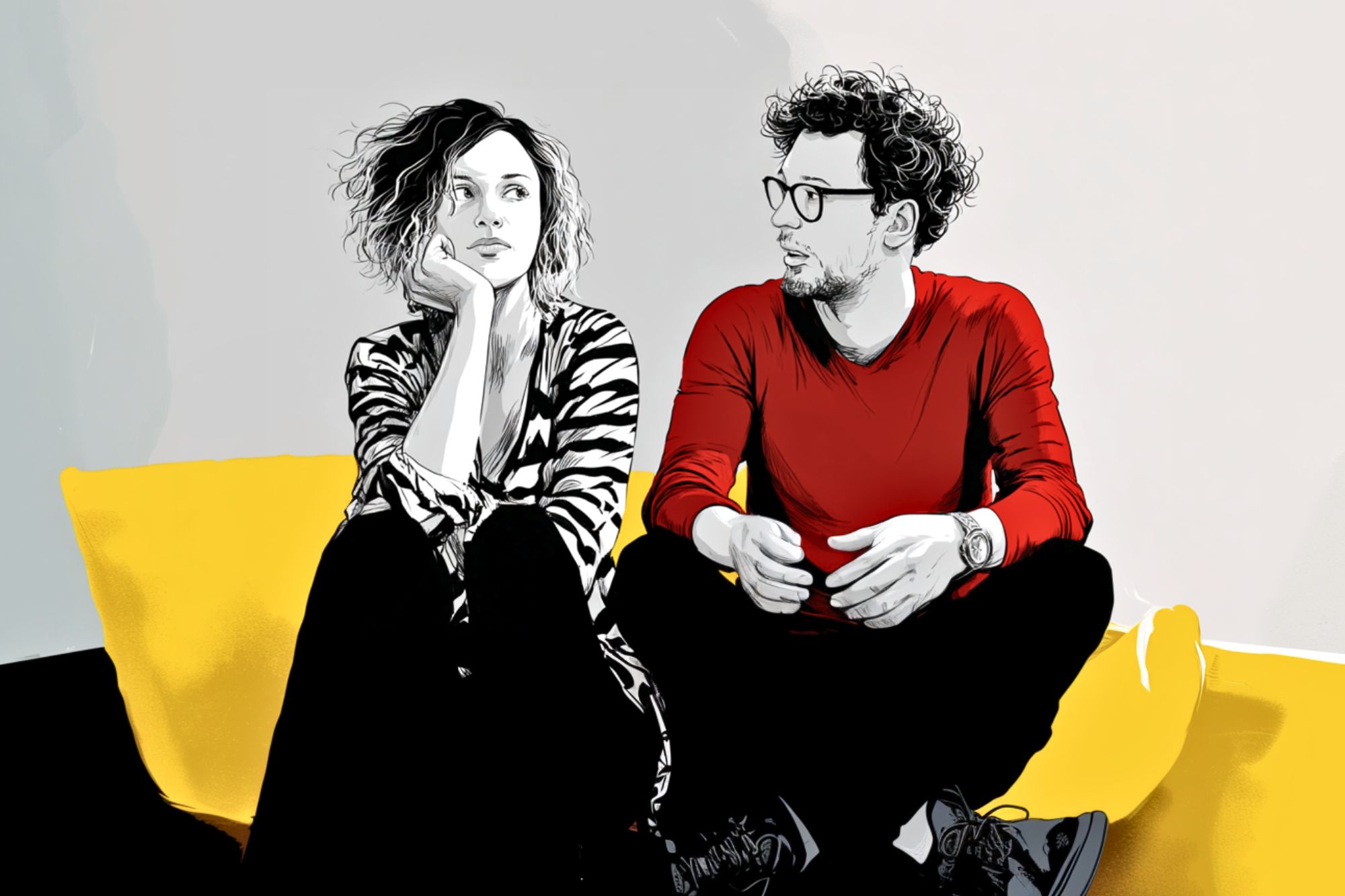 A woman and a man sit on a yellow couch. The woman, wearing a striped shirt, rests her chin on her hand and looks away thoughtfully. The man in a red shirt and glasses looks at her, speaking animatedly.