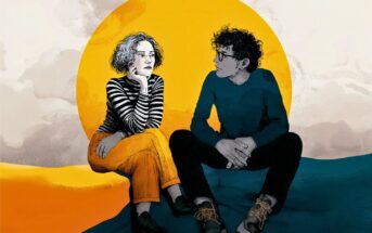 Two people sit together in front of a large yellow circle. One with curly hair and striped shirt rests their chin on their hand, while the other, with glasses, looks at them. The background is abstract with clouds and warm colors.