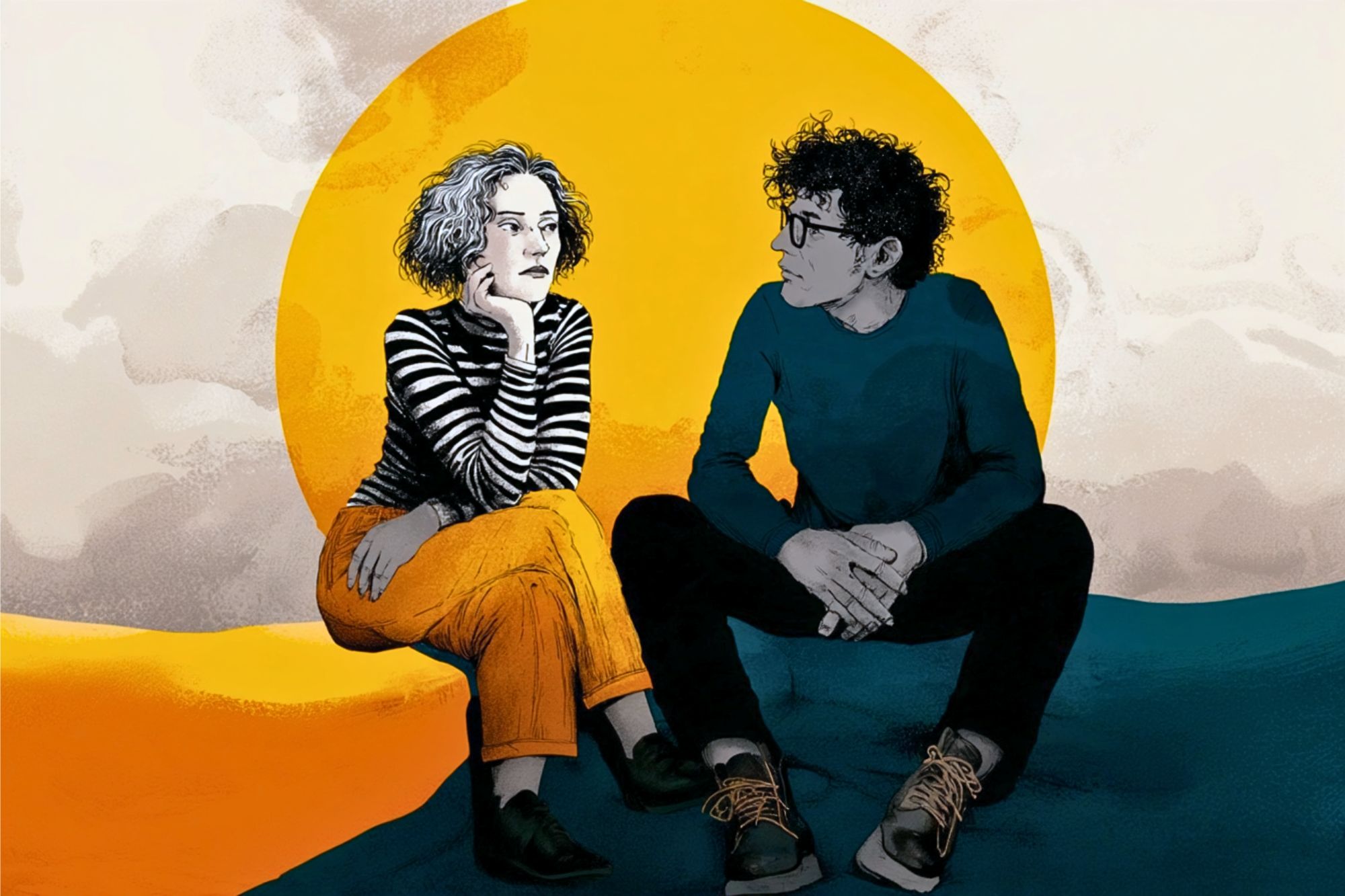 Two people sit together in front of a large yellow circle. One with curly hair and striped shirt rests their chin on their hand, while the other, with glasses, looks at them. The background is abstract with clouds and warm colors.