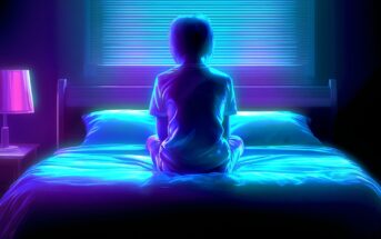 A person sits cross-legged on a bed in a dark room, illuminated by glowing blue and purple light from a window with closed blinds, creating a surreal, dreamlike atmosphere.