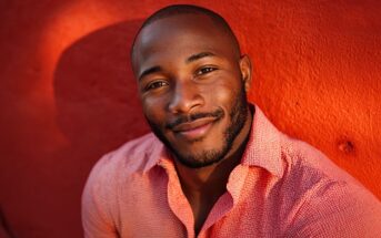 A man with a close-cropped beard and short hair smiles warmly, wearing a textured pink shirt, standing in front of an orange wall bathed in sunlight.