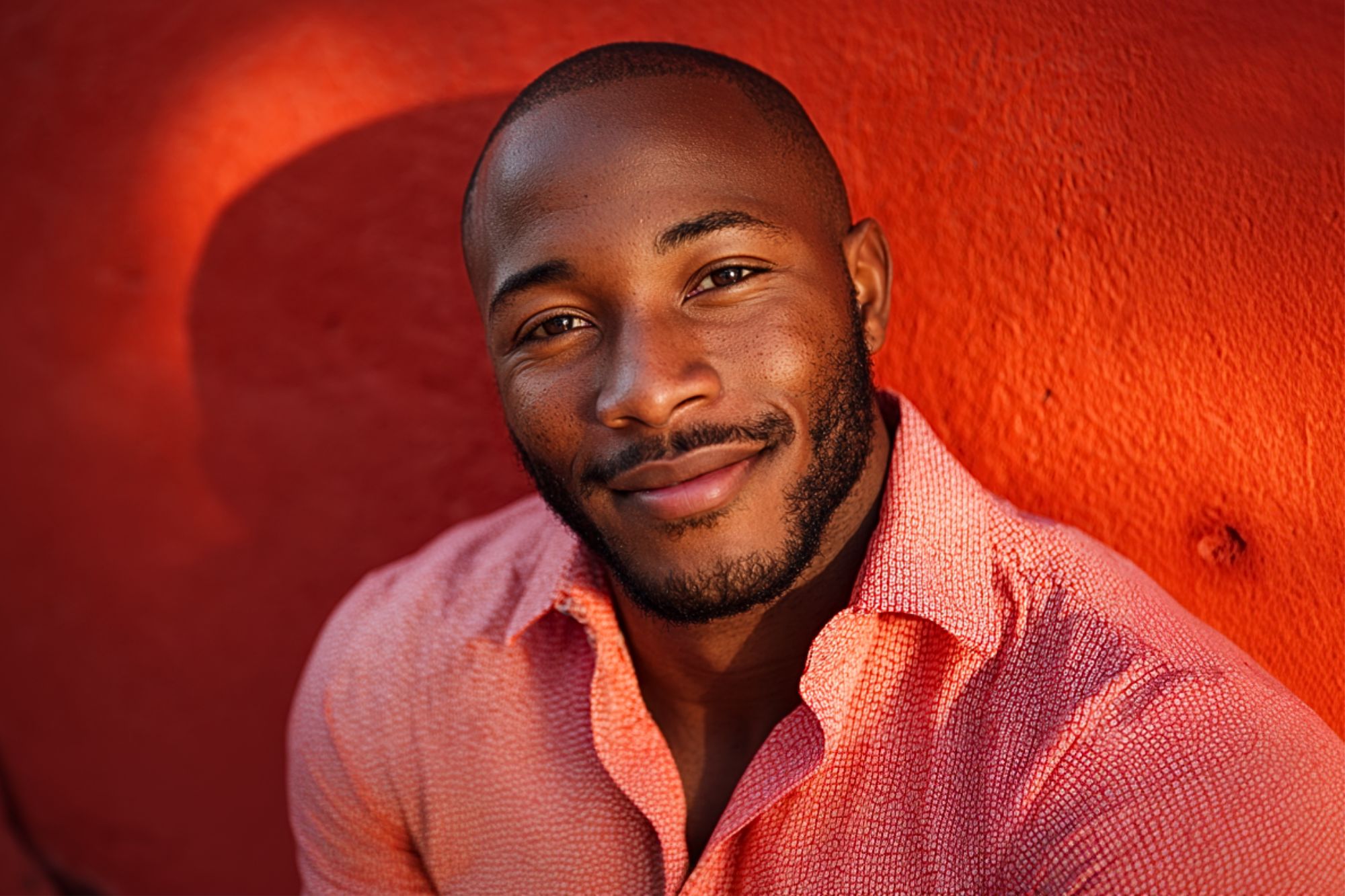 A man with a close-cropped beard and short hair smiles warmly, wearing a textured pink shirt, standing in front of an orange wall bathed in sunlight.
