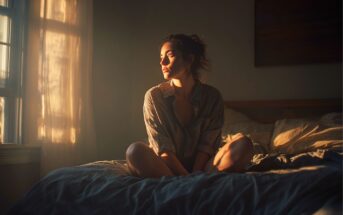 A woman sits cross-legged on a bed in a softly lit room, gazing out a sunlit window with a thoughtful expression. Warm sunlight streams in, illuminating her face and casting gentle shadows.