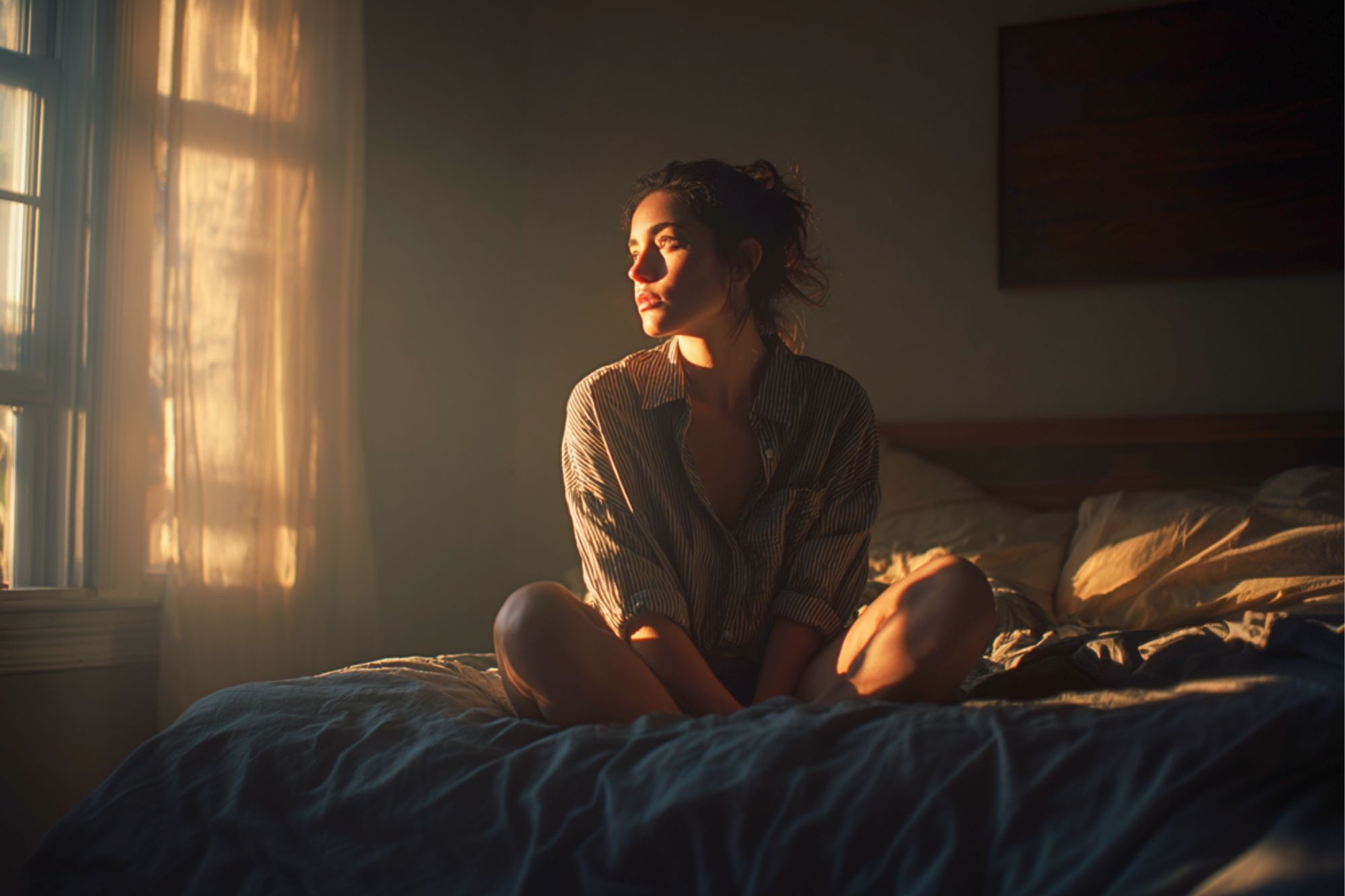 A woman sits cross-legged on a bed in a softly lit room, gazing out a sunlit window with a thoughtful expression. Warm sunlight streams in, illuminating her face and casting gentle shadows.