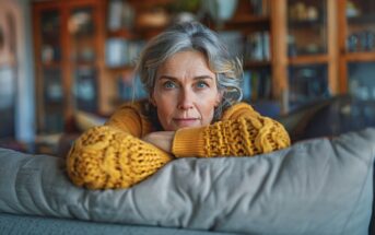 A middle-aged woman with gray hair and blue eyes, wearing a mustard yellow sweater, leans on the back of a couch, looking thoughtfully at the camera. Bookshelves are visible in the softly lit background.