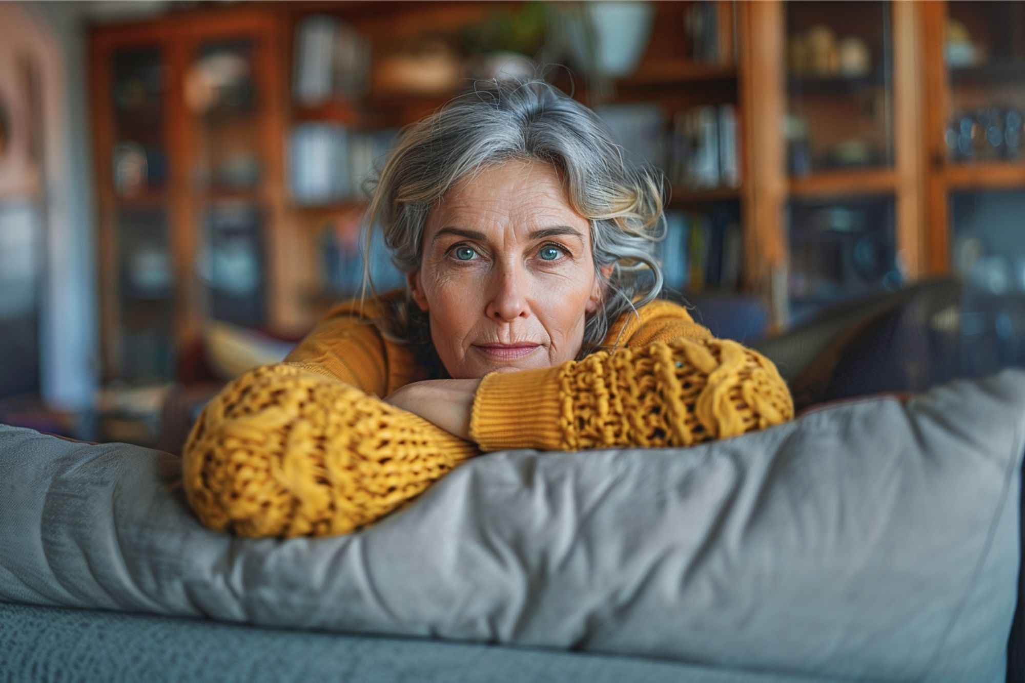 A middle-aged woman with gray hair and blue eyes, wearing a mustard yellow sweater, leans on the back of a couch, looking thoughtfully at the camera. Bookshelves are visible in the softly lit background.