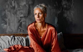 A woman with gray hair in a loose bun sits on a bed wearing a satin, rust-colored robe, looking thoughtful against a dark, textured wall background.