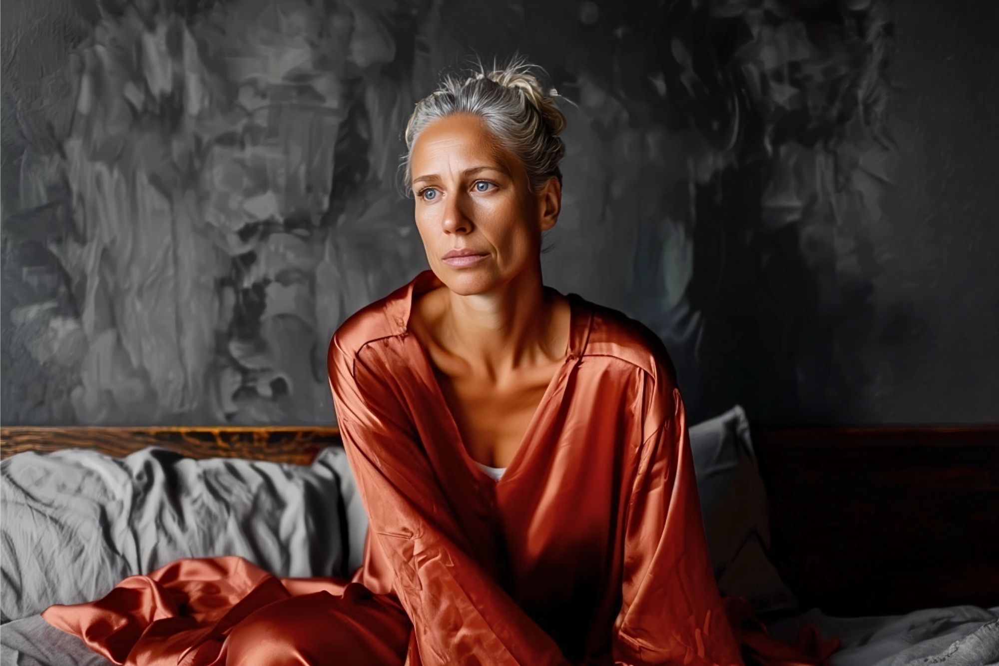 A woman with gray hair in a loose bun sits on a bed wearing a satin, rust-colored robe, looking thoughtful against a dark, textured wall background.