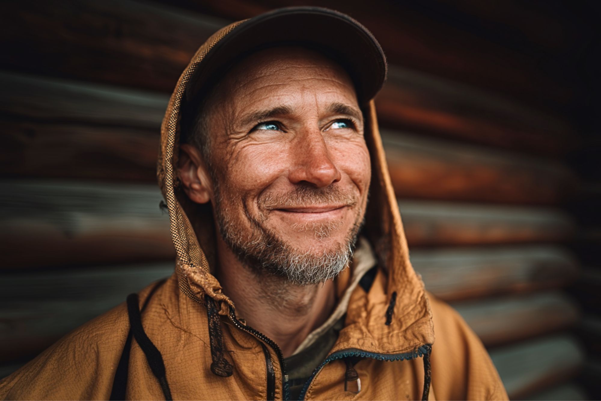 A middle-aged man wearing a tan hooded jacket and cap smiles while looking slightly upward. He stands in front of a wooden wall, with soft natural light highlighting his face.