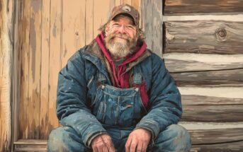 A bearded man wearing a cap, red hoodie, blue jacket, and denim overalls sits in front of a rustic wooden wall, smiling gently with his hands resting on his knees.