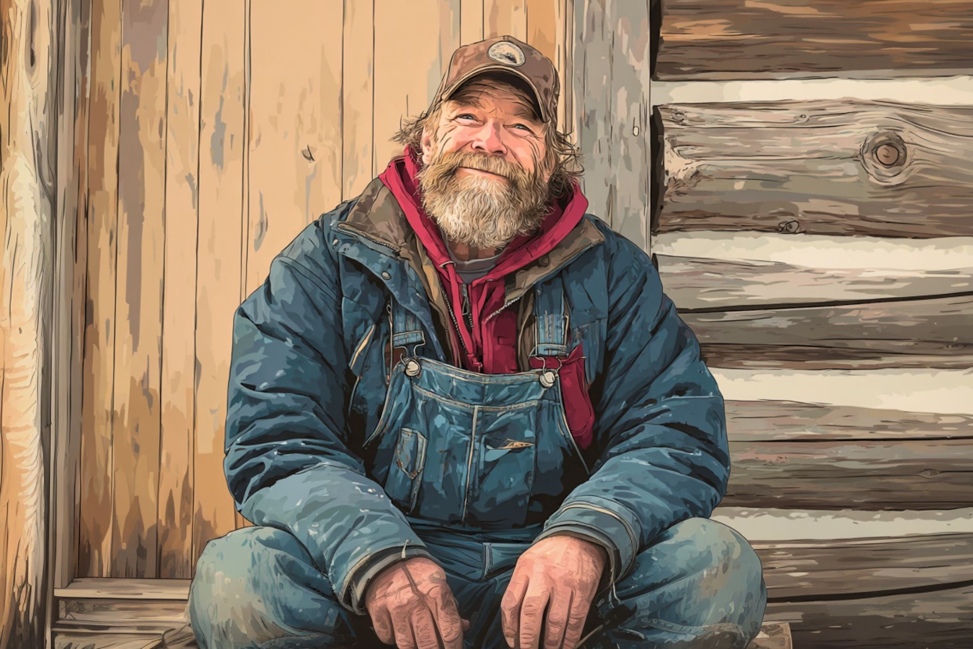 A bearded man wearing a cap, red hoodie, blue jacket, and denim overalls sits in front of a rustic wooden wall, smiling gently with his hands resting on his knees.